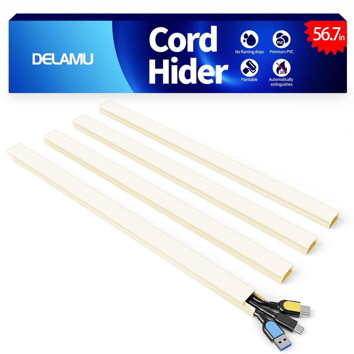 Wire Hider, 157in Delamu Cord Hider Wall, Paintable Wire Covers for Cords, TV Cable Hider Wall Kit, Cable Covers Raceway, Cable Management Hide TV Cords for Wall Mount TV, 10XL15.7 W0.95 H0.55in Brown