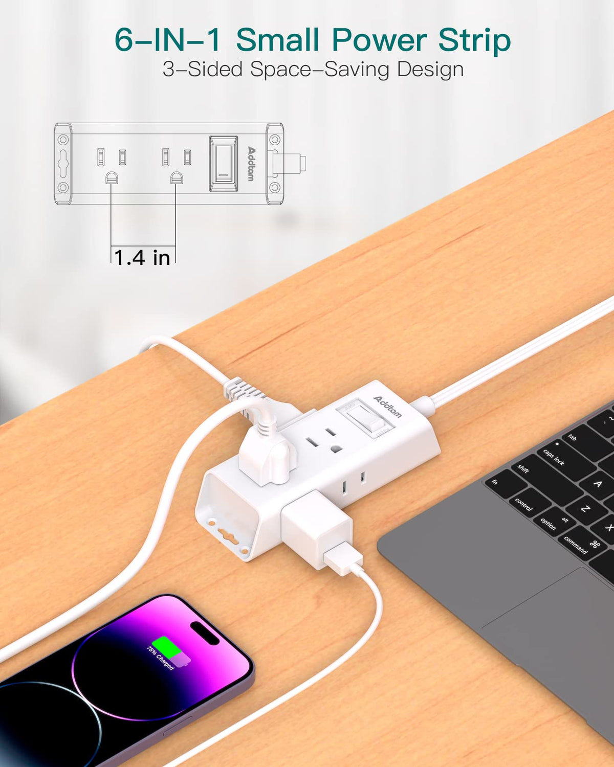 Cruise Essentials - Flat Plug Power Strip, Addtam 5 ft Ultra Flat Extension Cord with 6 Outlets Extender, No Surge Protector for Cruise Ship, Travel, Dorm, Home Office,Black