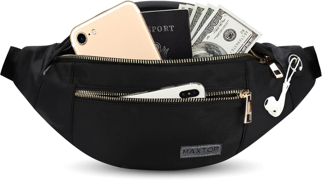 MAXTOP Large Bumbag Waist Fanny Pack Running Belt for Men Women Unisex Bum Bag with Headphone Jack and 4-Zipper Pockets Adjustable Belt for Travel Running Jogging Workout Hiking Gifts All Black