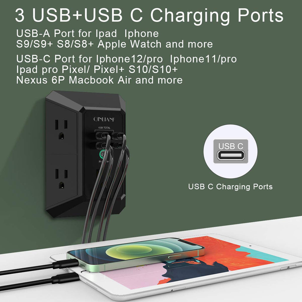 Surge Protector, QINLIANF 5 Outlet Extender with 4 USB Ports(2USB-C)