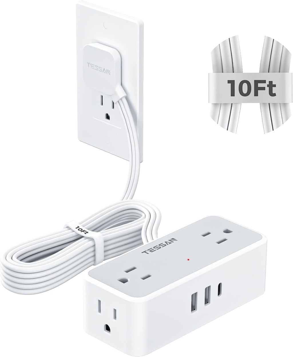 TESSAN Extension Cord 10 FT, Power Strip with 900J Surge Protection, Grey