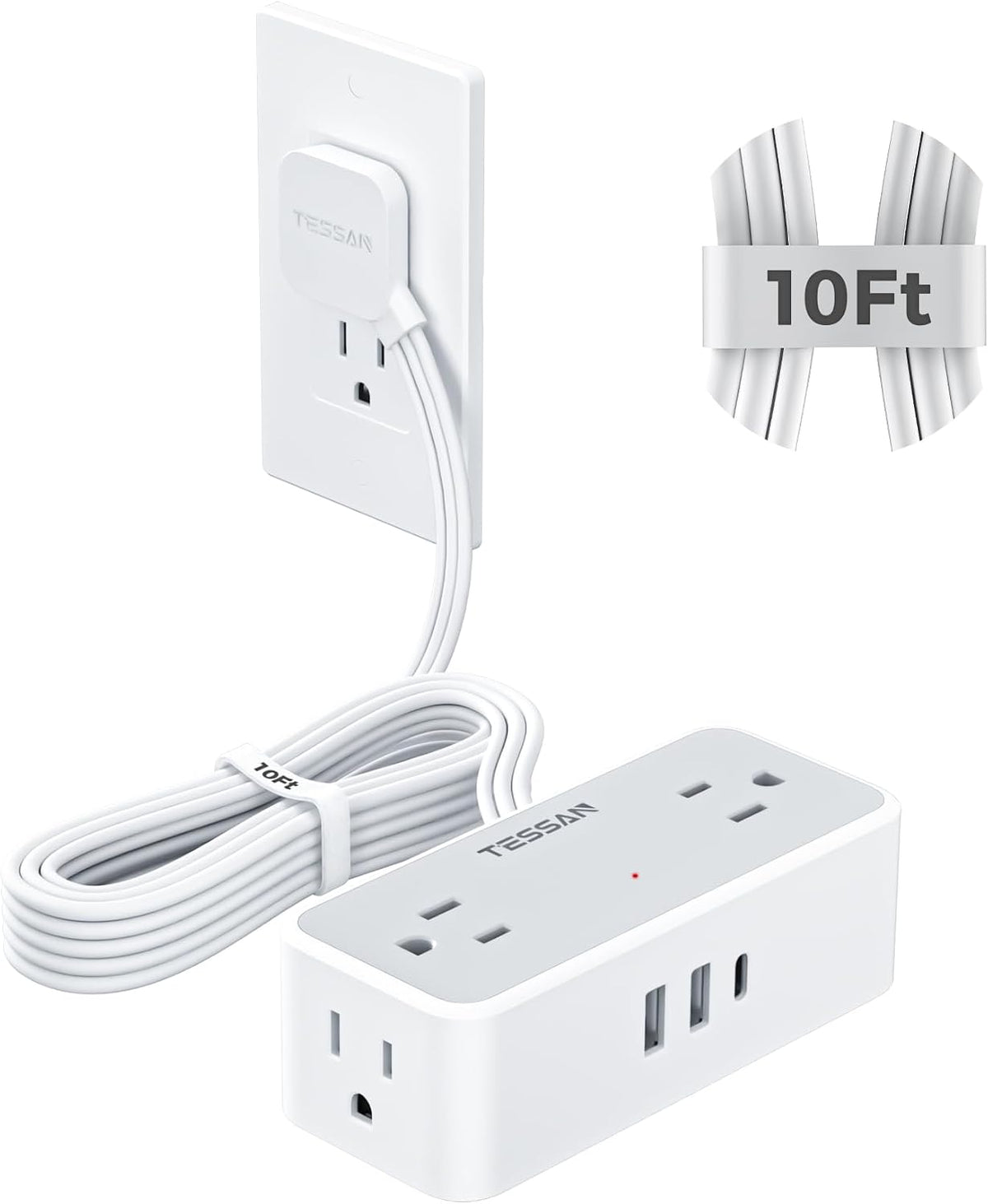 TESSAN Extension Cord 10 FT, Power Strip with 900J Surge Protection, Grey