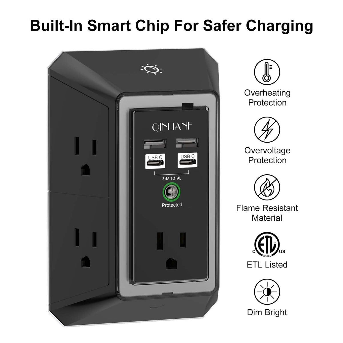 Surge Protector, QINLIANF 5 Outlet Extender with 4 USB Ports(2USB-C)