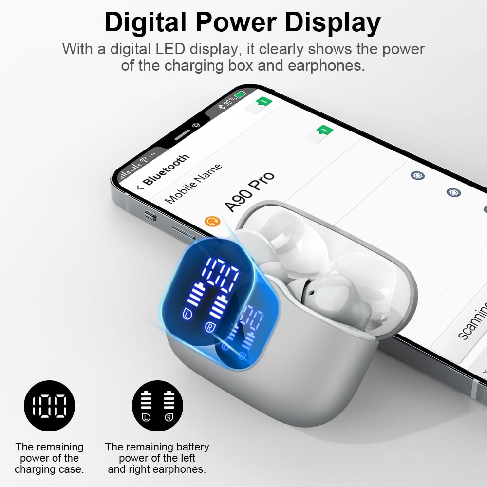 Wireless Earbuds, Bluetooth 5.4 Headphones Bass Stereo/Clear Calls, White