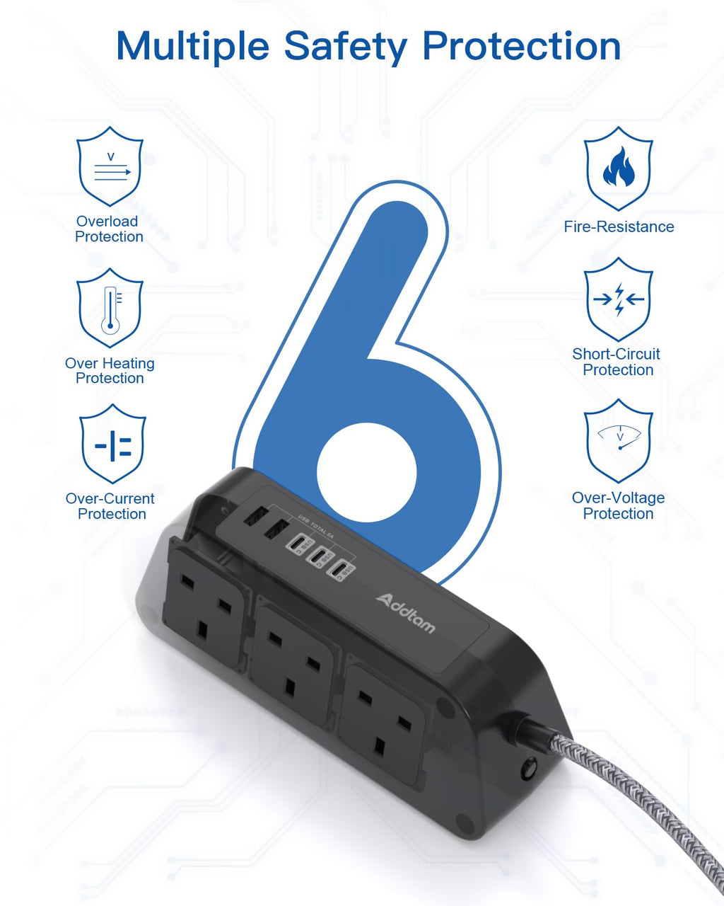 Extension Lead with USB Slots, 6 Way Outlets 5 USB (5A, 3 USB- C Port),1.6M