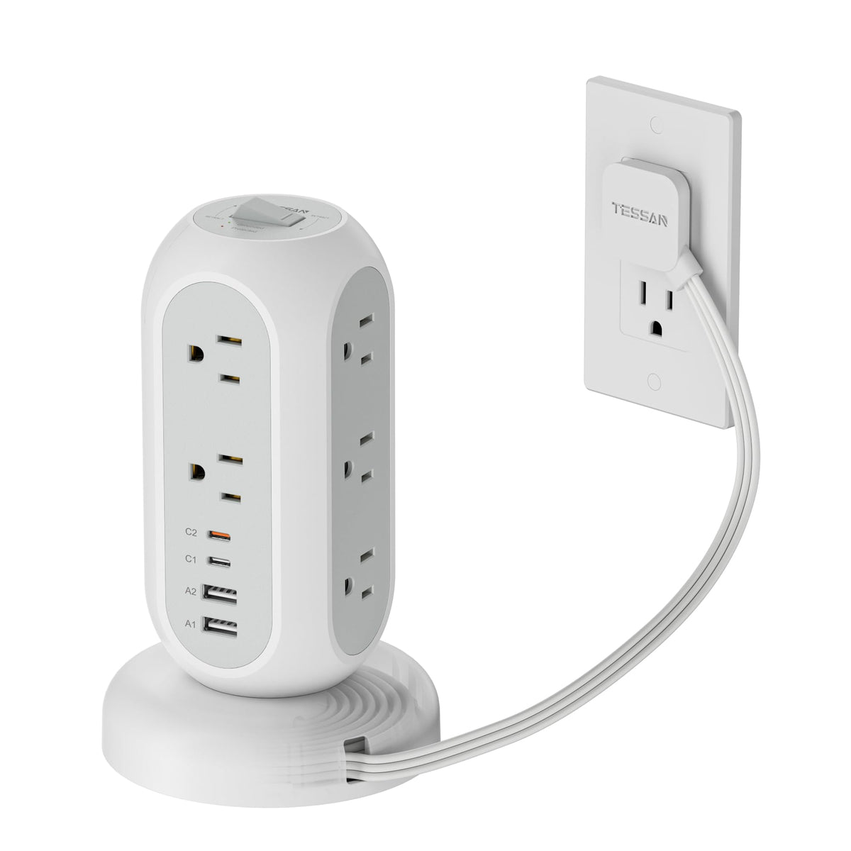 TESSAN Tower Power Strip Flat Plug with 1050J Surge Protection, 6 Ft, Black