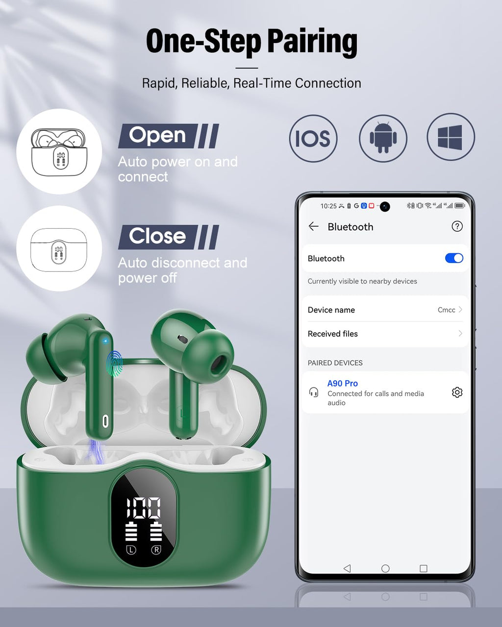 Wireless Earbuds, Bluetooth 5.4 Headphones Bass Stereo/Clear Calls, White