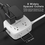 6 Ft Surge Protector Power Strip - YISHU 8 Widely Outlets with 4 USB Ports, 3 Side Outlet Extender with 6 Feet Flat Extension Cord, Ultra Flat Plug, Wall Mount, Desk USB Charging Station, ETL, Black