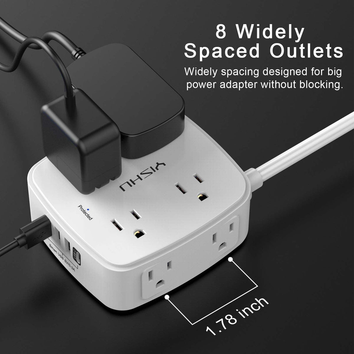 6 Ft Surge Protector Power Strip - YISHU 8 Widely Outlets with 4 USB Ports, 3 Side Outlet Extender with 6 Feet Flat Extension Cord, Ultra Flat Plug, Wall Mount, Desk USB Charging Station, ETL, Black