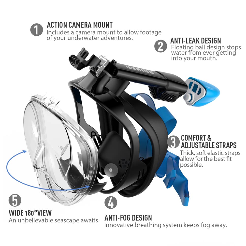G2RISE SN01 Full Face Snorkel Mask with Detachable Camera Mount, Anti-Fog and Foldable Design, Advanced Breathing System for a Safe Adults/Kids Snorkeling Experience