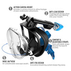 G2RISE SN01 Full Face Snorkel Mask with Detachable Camera Mount, Anti-Fog and Foldable Design, Advanced Breathing System for a Safe Adults/Kids Snorkeling Experience