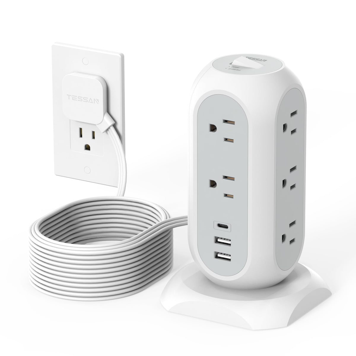 TESSAN Tower Power Strip Flat Plug with 1050J Surge Protection, 6 Ft, Black