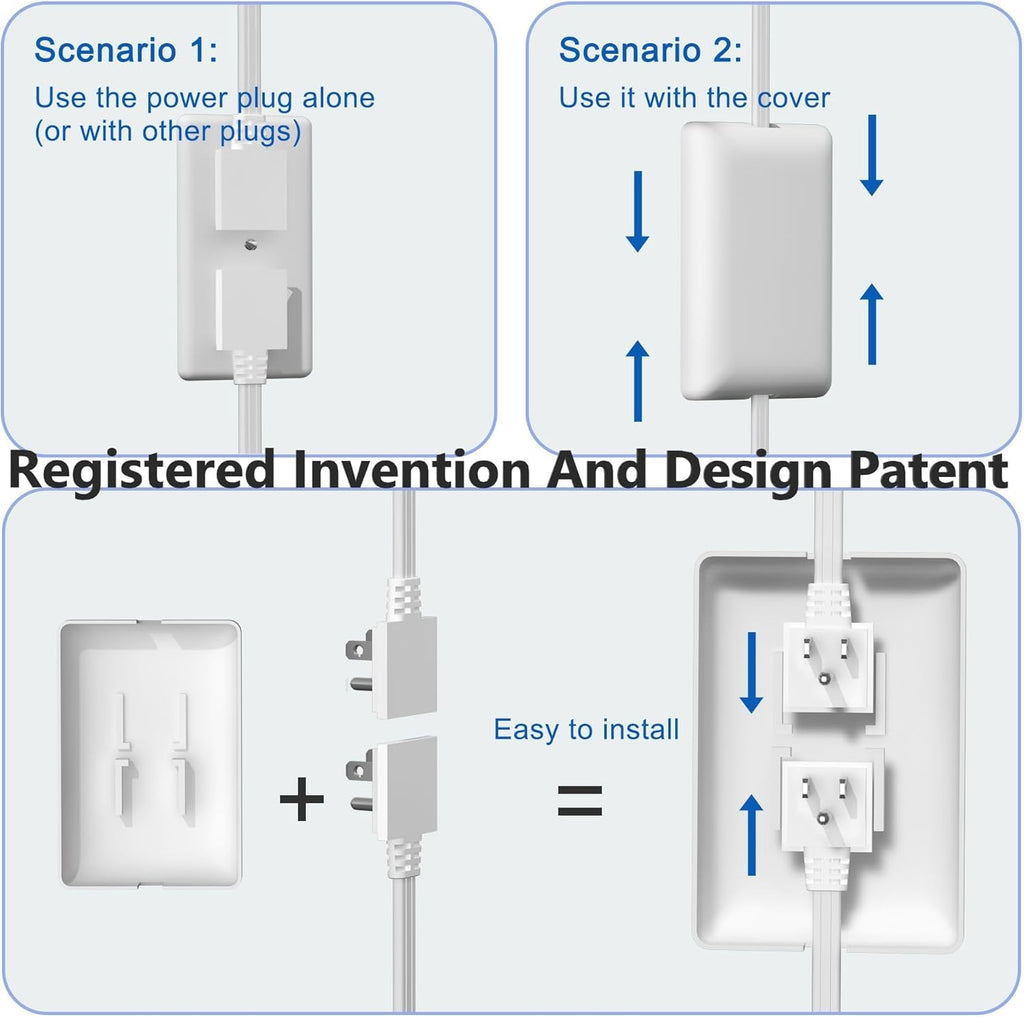 CABOCASA 3FT Flat Plug Extension Cord Power Strip 3 Outlets White Upward