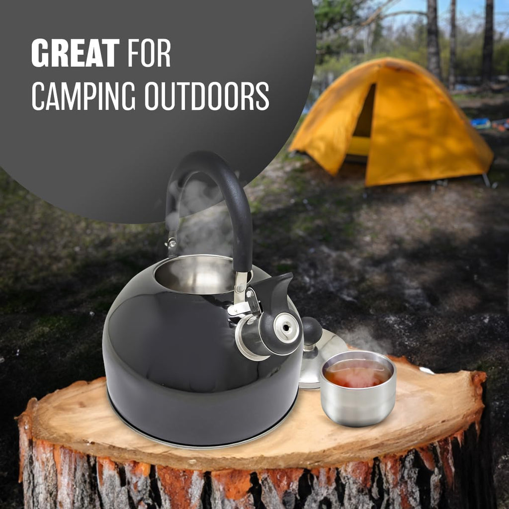 2.5L Stainless Steel Whistling Kettle - Suitable for Fishing, Camping, Hiking, Indoor & Outdoor | Camping Kettle for Gas Stove, Electric Stove, Camp Fire | Lightweight, Fast Boil, Phenolic Handle
