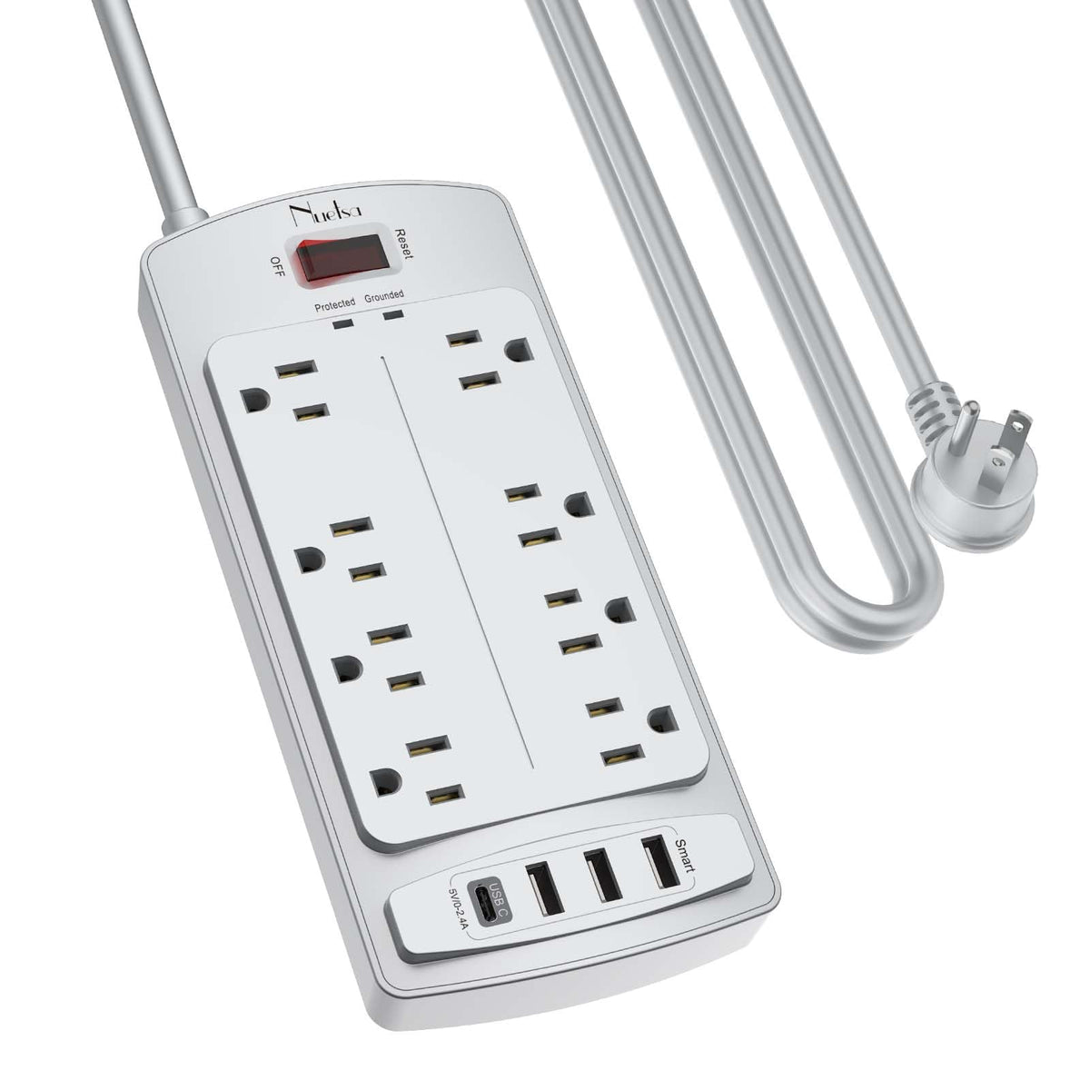 Surge Protector Power Strip - Nuetsa Flat Plug Extension Cord with 8 Outlets and 4 USB Ports, 6 Feet Power Cord, 2700 Joules, ETL Listed, Black