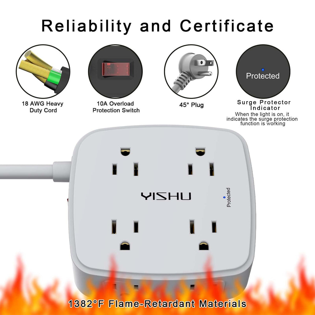 6 Ft Surge Protector Power Strip - YISHU 8 Widely Outlets with 4 USB Ports, 3 Side Outlet Extender with 6 Feet Flat Extension Cord, Ultra Flat Plug, Wall Mount, Desk USB Charging Station, ETL, Black