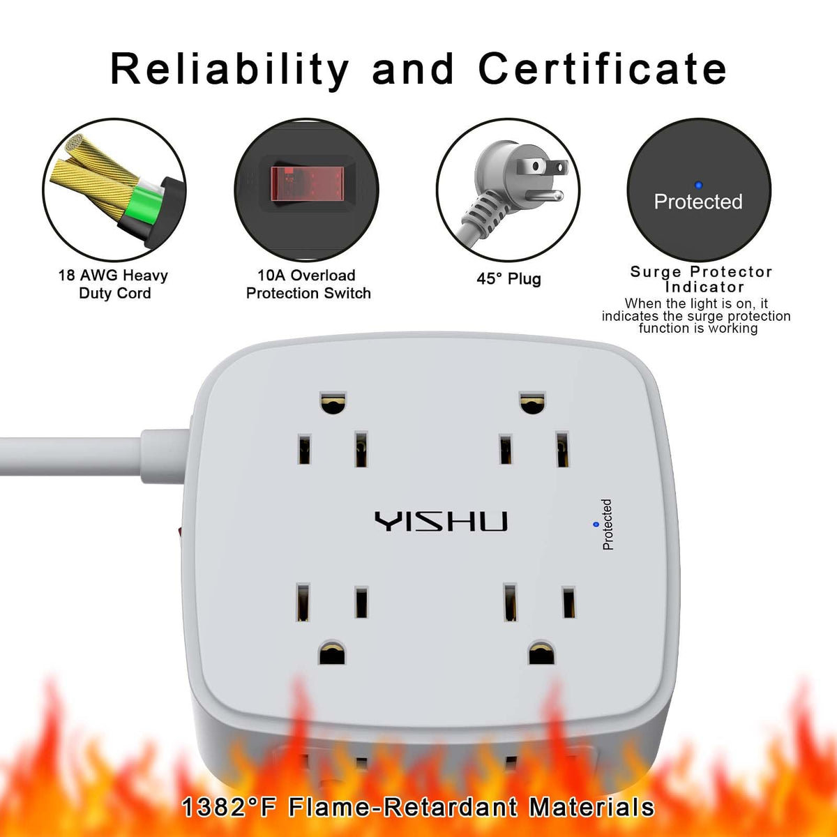 6 Ft Surge Protector Power Strip - YISHU 8 Widely Outlets with 4 USB Ports, 3 Side Outlet Extender with 6 Feet Flat Extension Cord, Ultra Flat Plug, Wall Mount, Desk USB Charging Station, ETL, Black
