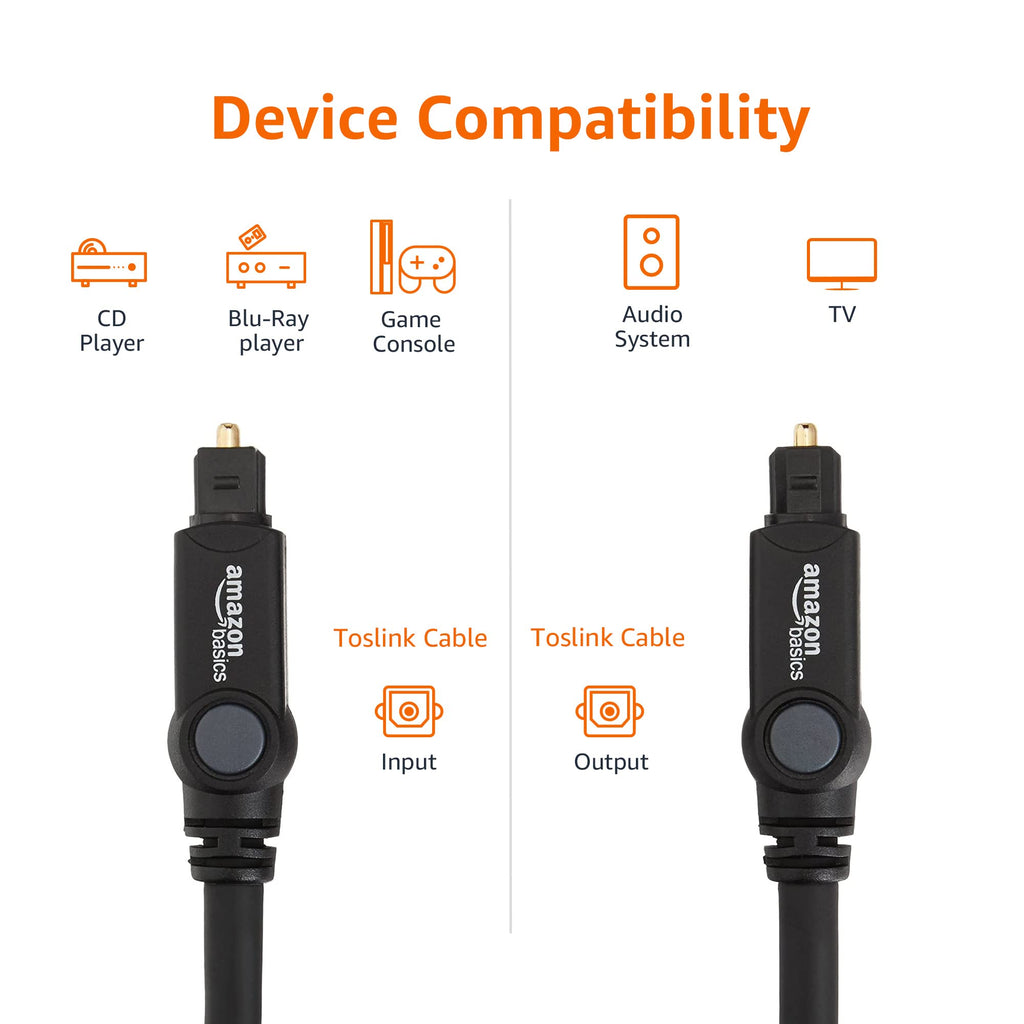 Amazon Basics Toslink Digital Optical Audio Fiber Optic Cable, Multi-Channel, for Sound Bar, Audio System, Home Theatre, Game Console, Blu-Ray Player, Gold-Plated Connectors, 6 Foot, Black