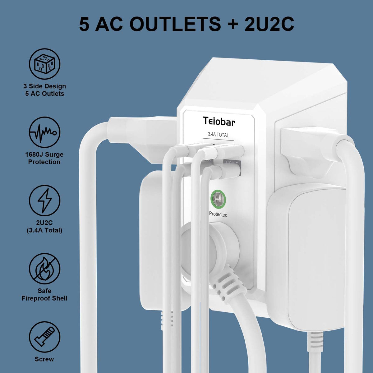 Multi Plug Wall Outlet Surge Protector with 6-Outlet & 4 USB Ports(2USB-C)