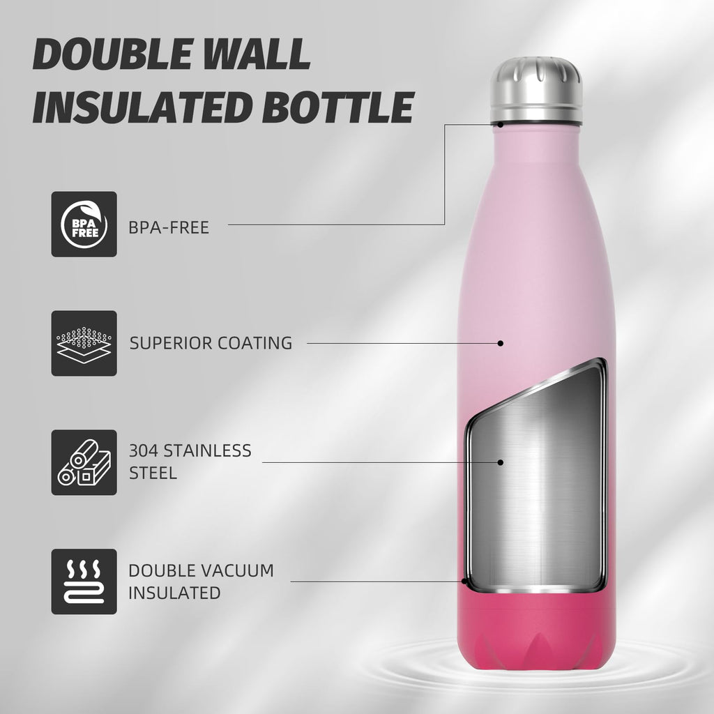 Stainless Steel Insulated Water Bottle, WATERSY Double Walled Metal Vacuum Flask Keep 24 Hrs Cold & 12 Hrs Hot Thermal Metal Sports Bottles 500ml BPA Free for Outdoor, Work, Gym, School (Black)