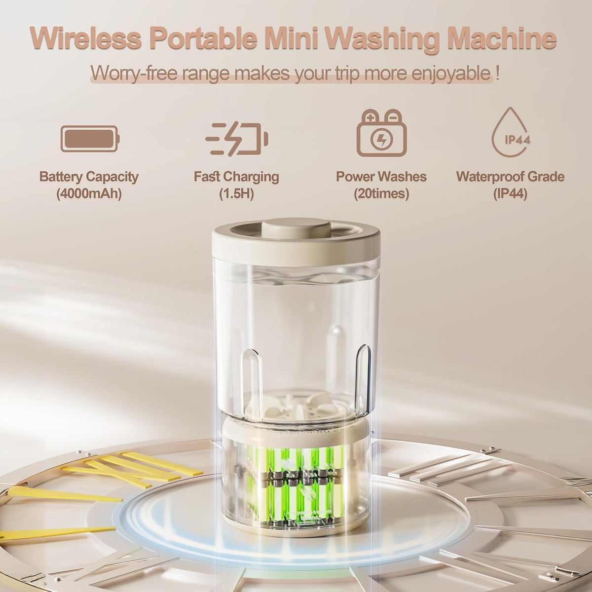 Portable Mini Washing Machine, Rechargeable Underwear Washing Machine Makeup Brush Cleaner Machine Small Clothes Mini Washer for Home, Hotel, Travel and Camping (Cream)