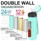 GOPPUS 600ml/20oz Stainless Water Bottle with Straw Double Wall Insulated Bottles with Strap One Hand Open Vacuum Thermal Flask with Flip Top Lid Leakproof Keep Cold Drinks BPA Free