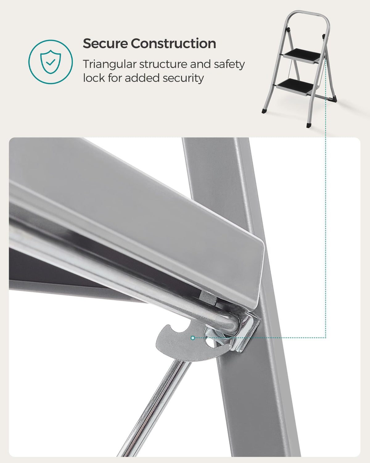 SONGMICS 3-Step Ladder, Folding Step Ladder, Safety, Holds up to 150KG