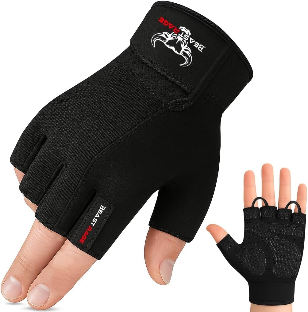 BEAST RAGE Gym Gloves Weight lifting Gloves Training Anti Slip Padded Palm Half Finger Powerlifting Workout Exercise Gloves for Men and Women