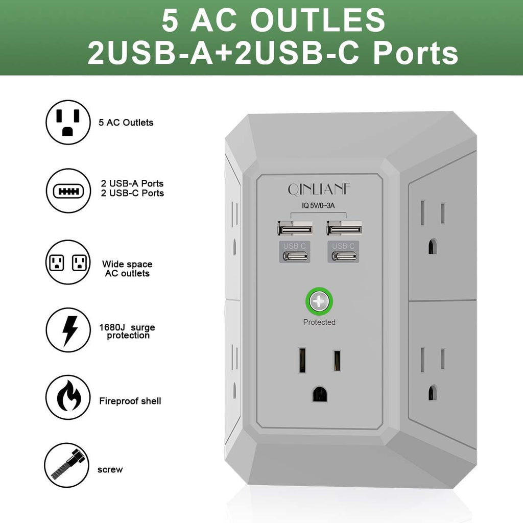 Surge Protector, QINLIANF 5 Outlet Extender with 4 USB Ports(2USB-C)