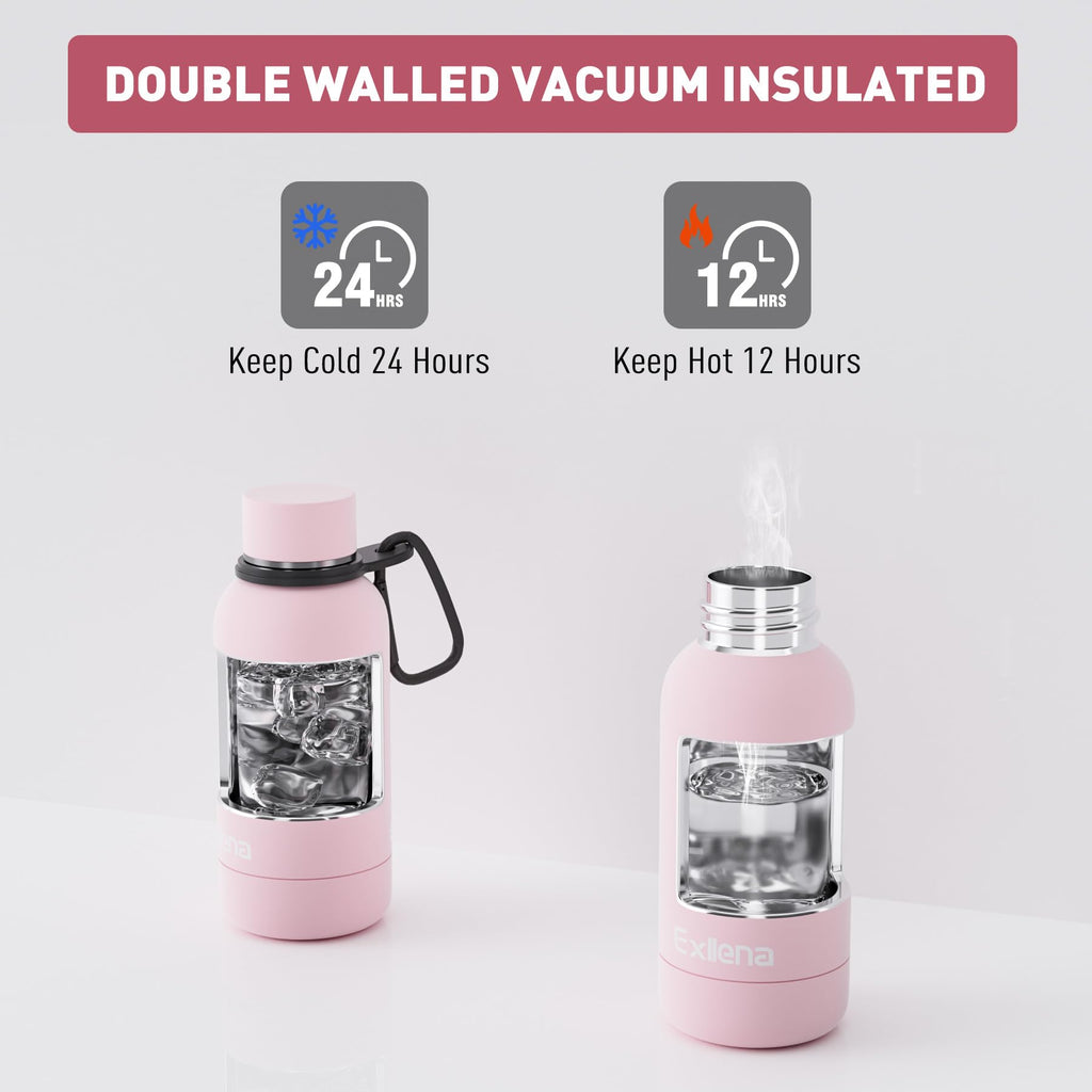 Exllena Insulated Black Water Bottles 750ml with Clip, Double Wall Vacuum Drinks Bottle Keeps Drinks Cold 24 Hrs/Hot 12 Hrs, Stainless Steel Water Bottle BPA Free