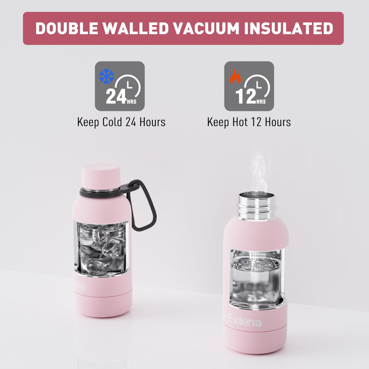 Exllena Insulated Black Water Bottles 750ml with Clip, Double Wall Vacuum Drinks Bottle Keeps Drinks Cold 24 Hrs/Hot 12 Hrs, Stainless Steel Water Bottle BPA Free