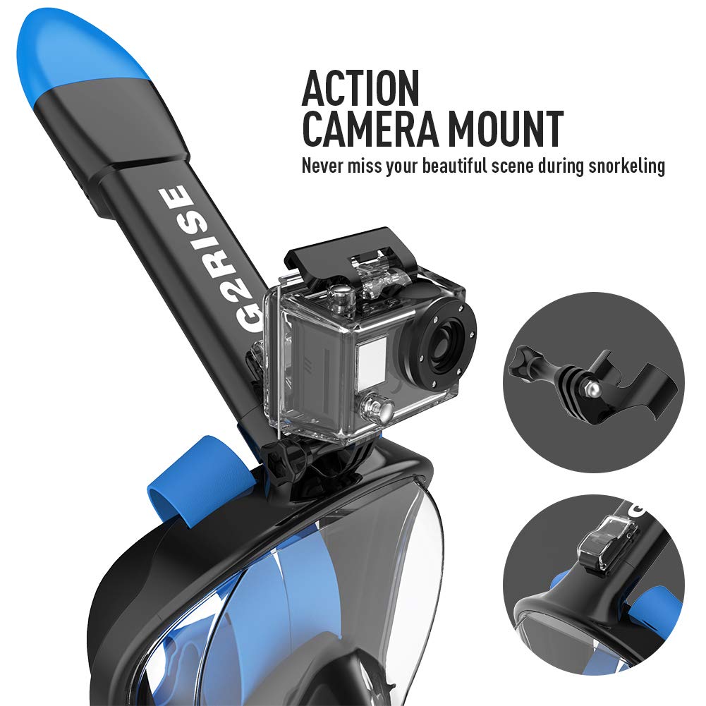 G2RISE SN01 Full Face Snorkel Mask with Detachable Camera Mount, Anti-Fog and Foldable Design, Advanced Breathing System for a Safe Adults/Kids Snorkeling Experience