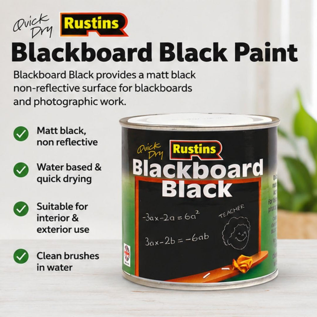 Rustins Blackboard Black 500ml– Quick Dry Matt Black Chalkboard Paint, Durable Writing Surface for Home, School & Office