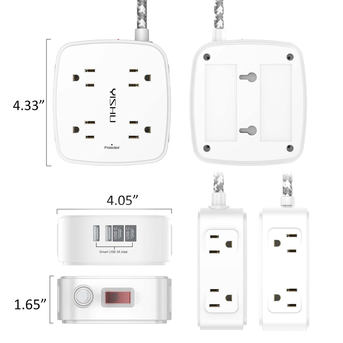 6 Ft Surge Protector Power Strip - YISHU 8 Widely Outlets with 4 USB Ports, 3 Side Outlet Extender with 6 Feet Flat Extension Cord, Ultra Flat Plug, Wall Mount, Desk USB Charging Station, ETL, Black