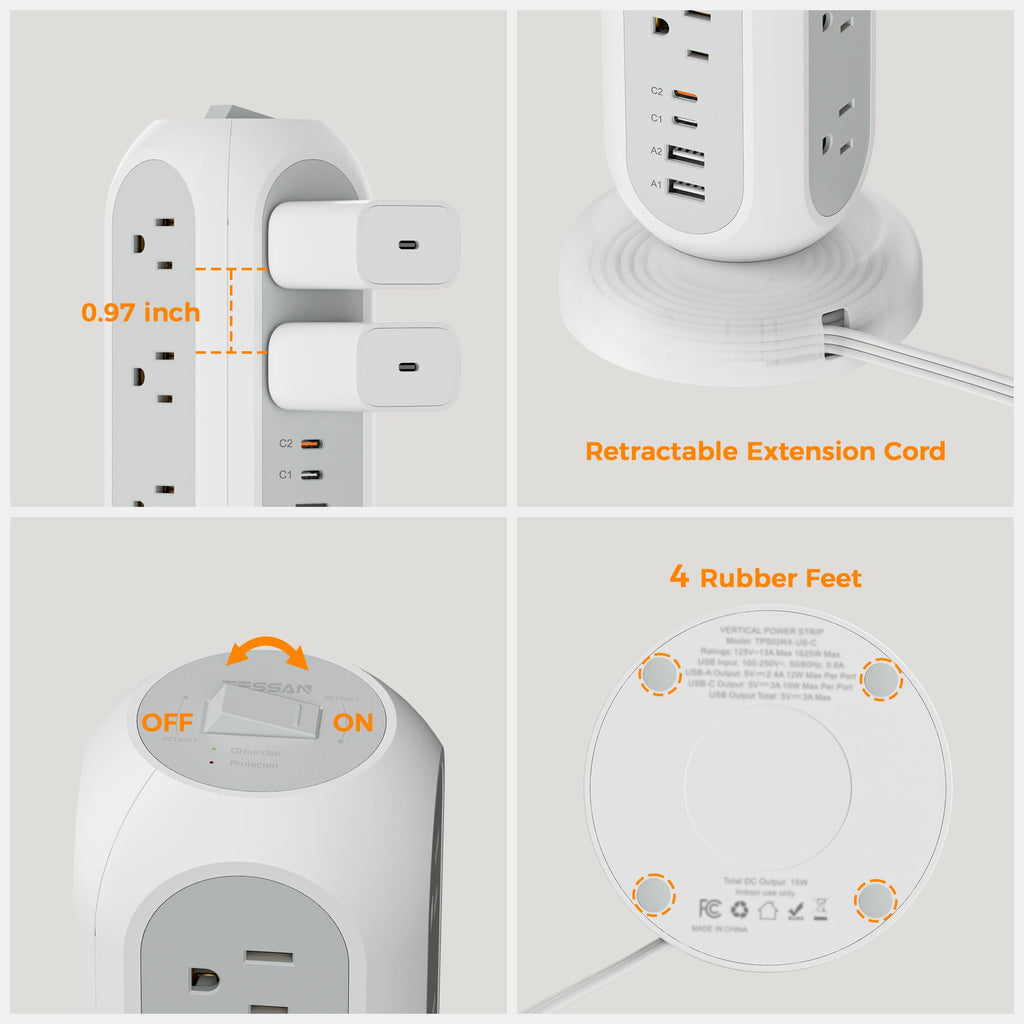 TESSAN Tower Power Strip Flat Plug with 1050J Surge Protection, 6 Ft, Black