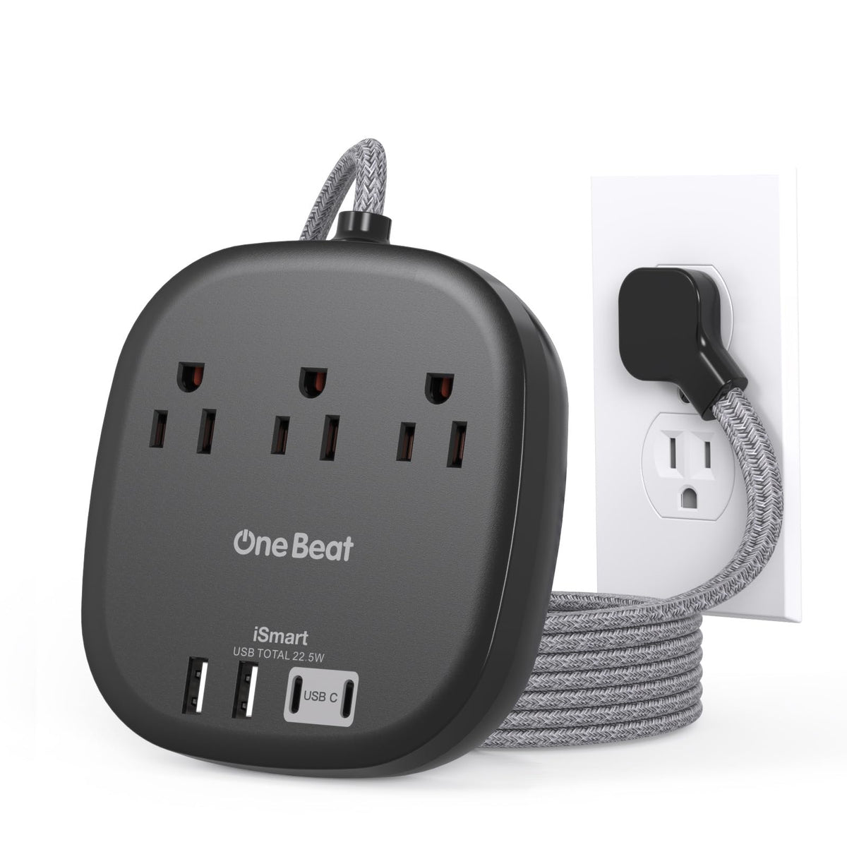 Travel Essentials, 22.5W/4.5A Flat Plug Power Strip, 6 Ft Extension Cord