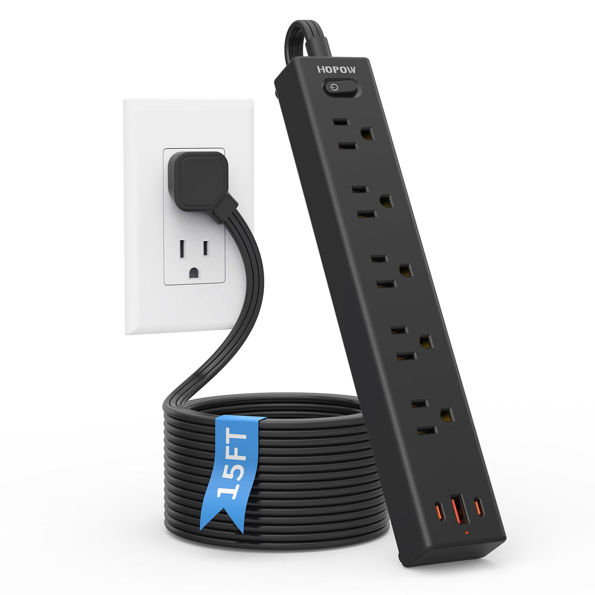 6FT Surge Protector Power Strip, 1700J, 5AC&1A2C, Flat Plug Extension Cord