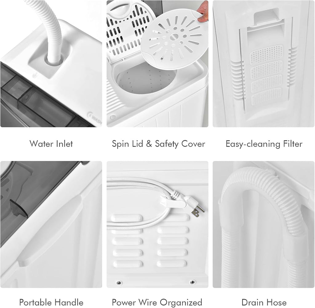 COSTWAY Portable Washing Machine, Twin Tub 26lbs Capacity Laundry, 18lbs Washer and 8lbs Spinner Combo with Timer Knobs, Built-in Drain Pump, Compact Washer for Home Dorm Apartment (Grey+White)