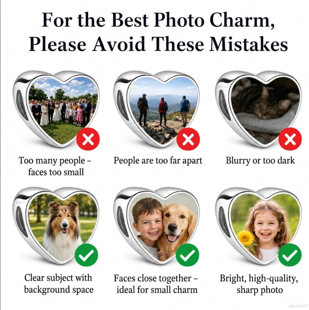 2Burned Custom Personalised Stainless Steel 316 Love Heart Photo Charm