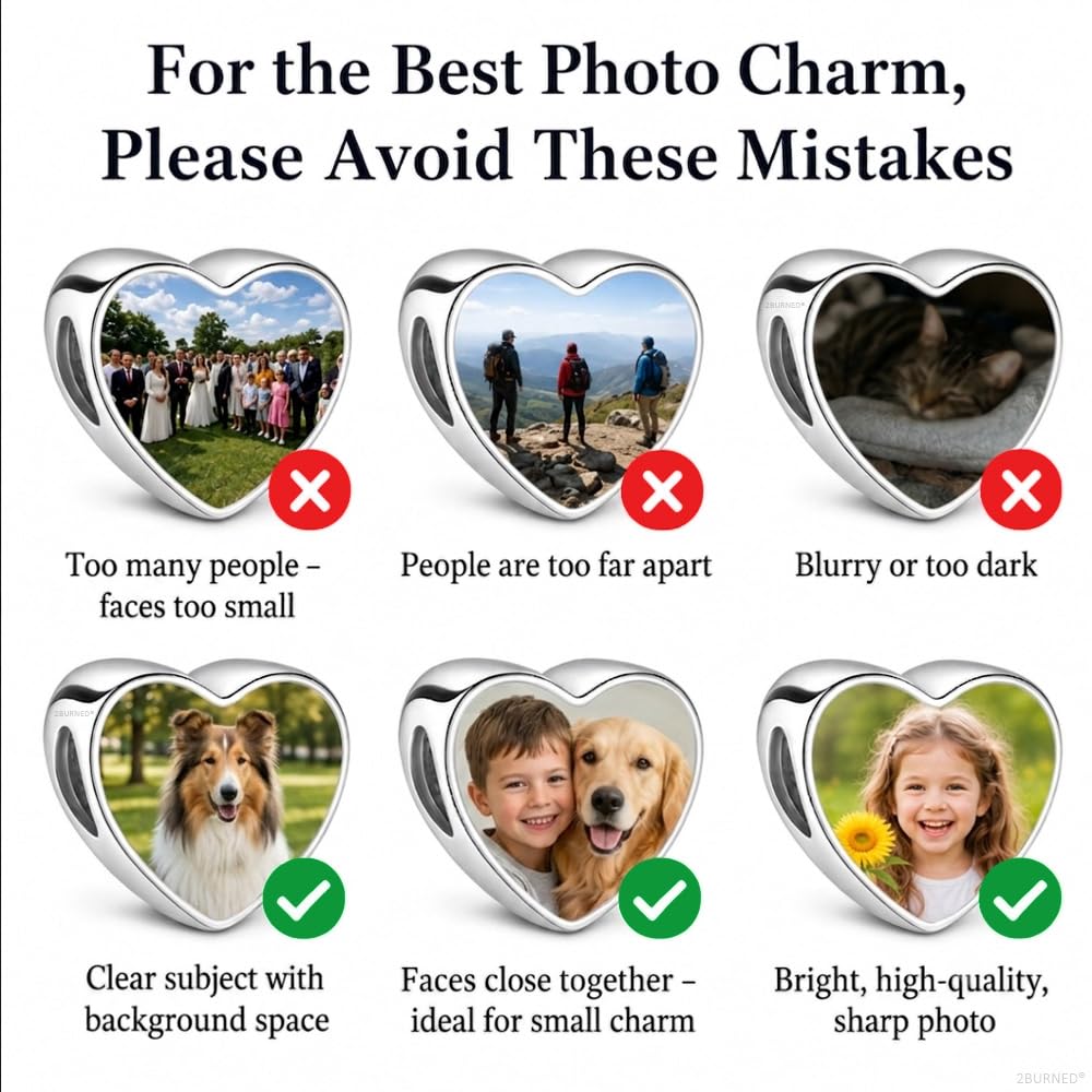 2Burned Custom Personalised Stainless Steel 316 Love Heart Photo Charm