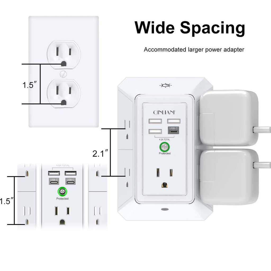 Surge Protector, QINLIANF 5 Outlet Extender with 4 USB Ports(2USB-C)