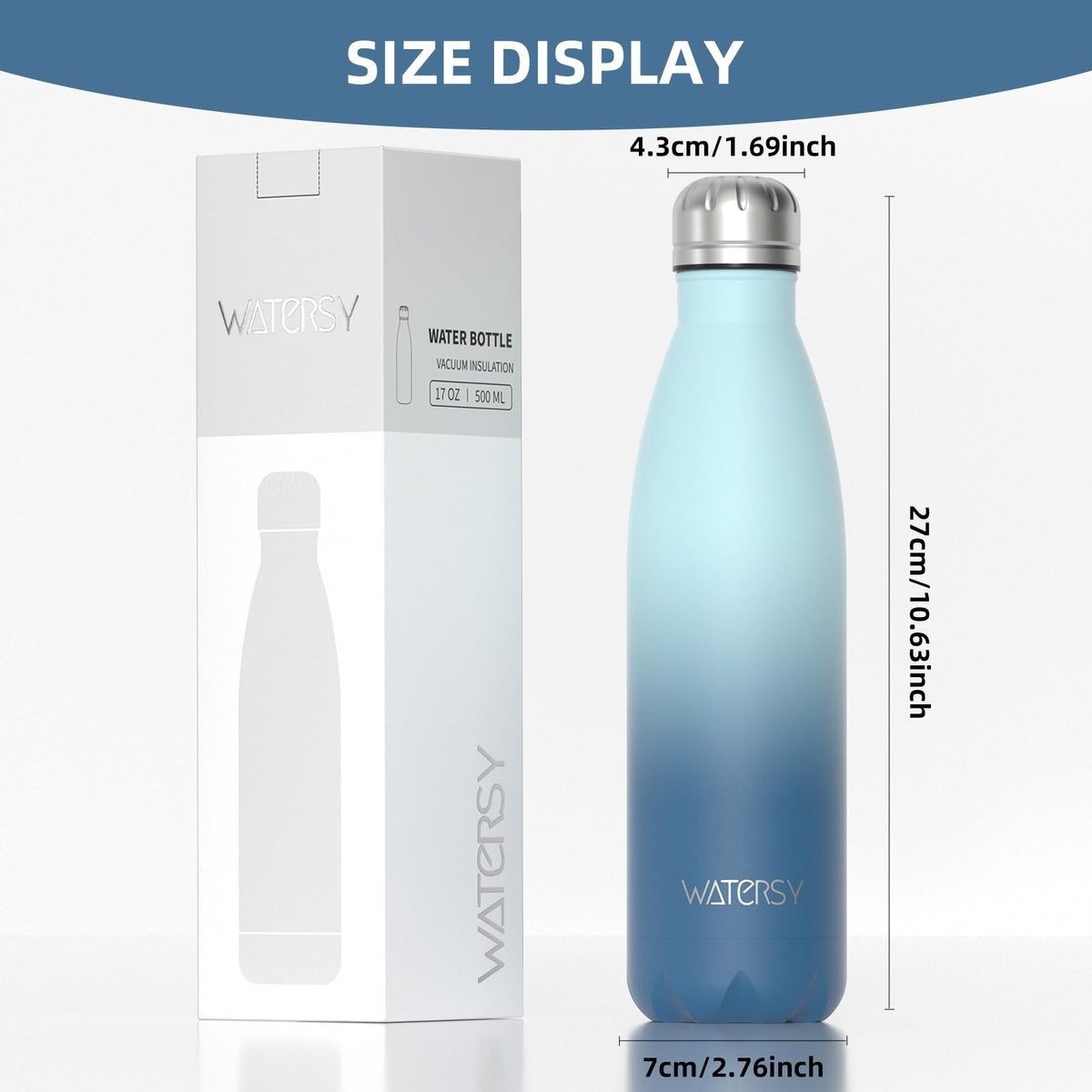 Stainless Steel Insulated Water Bottle, WATERSY Double Walled Metal Vacuum Flask Keep 24 Hrs Cold & 12 Hrs Hot Thermal Metal Sports Bottles 500ml BPA Free for Outdoor, Work, Gym, School (Black)