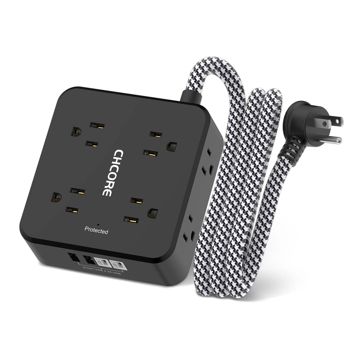 Surge Protector Power Strip - CHCORE 10 Ft Braided Extension Cord with 8 Outlets with 4 USB (2 USB C) Charging Ports, Flat Plug Multi Plug Outlet Extender Charging Station for Home Office, ETL, White