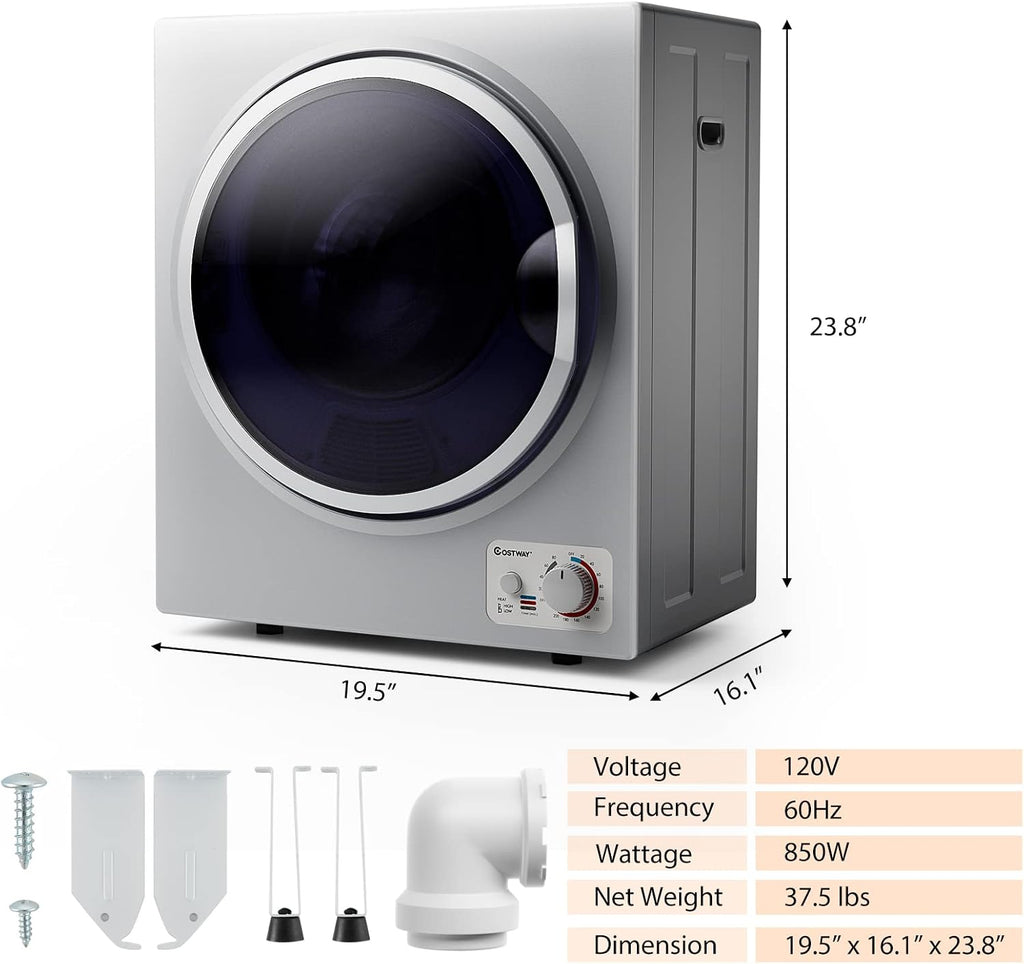 COSTWAY 1.5 Cu.ft. Portable Clothes Dryer,850W Compact Laundry Dryer,Silver