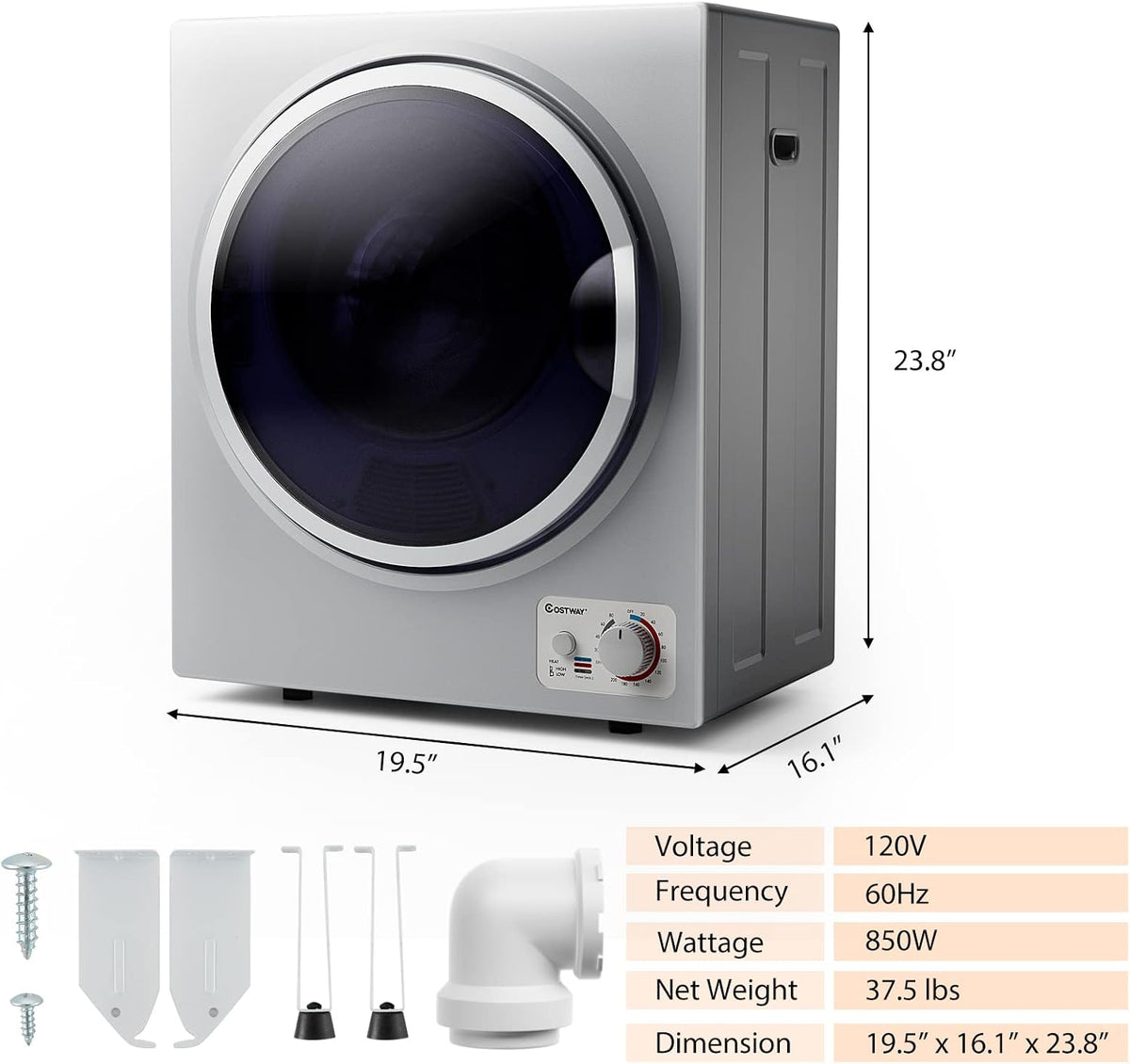COSTWAY 1.5 Cu.ft. Portable Clothes Dryer,850W Compact Laundry Dryer,Silver