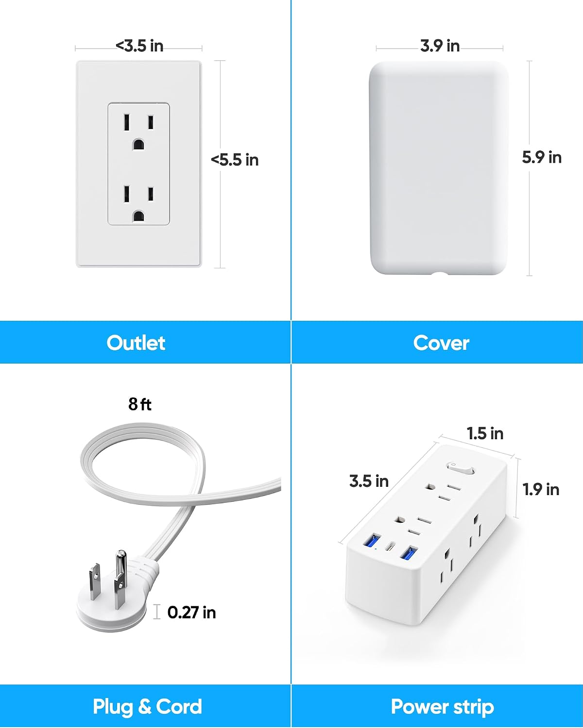 Olcorife Flat Extension Cord with Outlet Cover, Flat Plug Power Strip with 6 Outlets and 3 USB Ports, 8 FT Cord Hidden Outlet Extender for Tight Spaces
