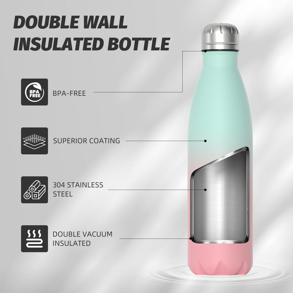 Stainless Steel Insulated Water Bottle, WATERSY Double Walled Metal Vacuum Flask Keep 24 Hrs Cold & 12 Hrs Hot Thermal Metal Sports Bottles 500ml BPA Free for Outdoor, Work, Gym, School (Black)