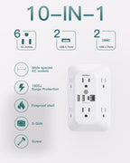 Addtam 6-Outlet Extender Surge Protector, Multi Plug Wall Outlet with 4 USB Wall Charger(PD 30W), Plug Extension Outlet with 1800J, Outlet Splitter Power Strip for Home Office, White