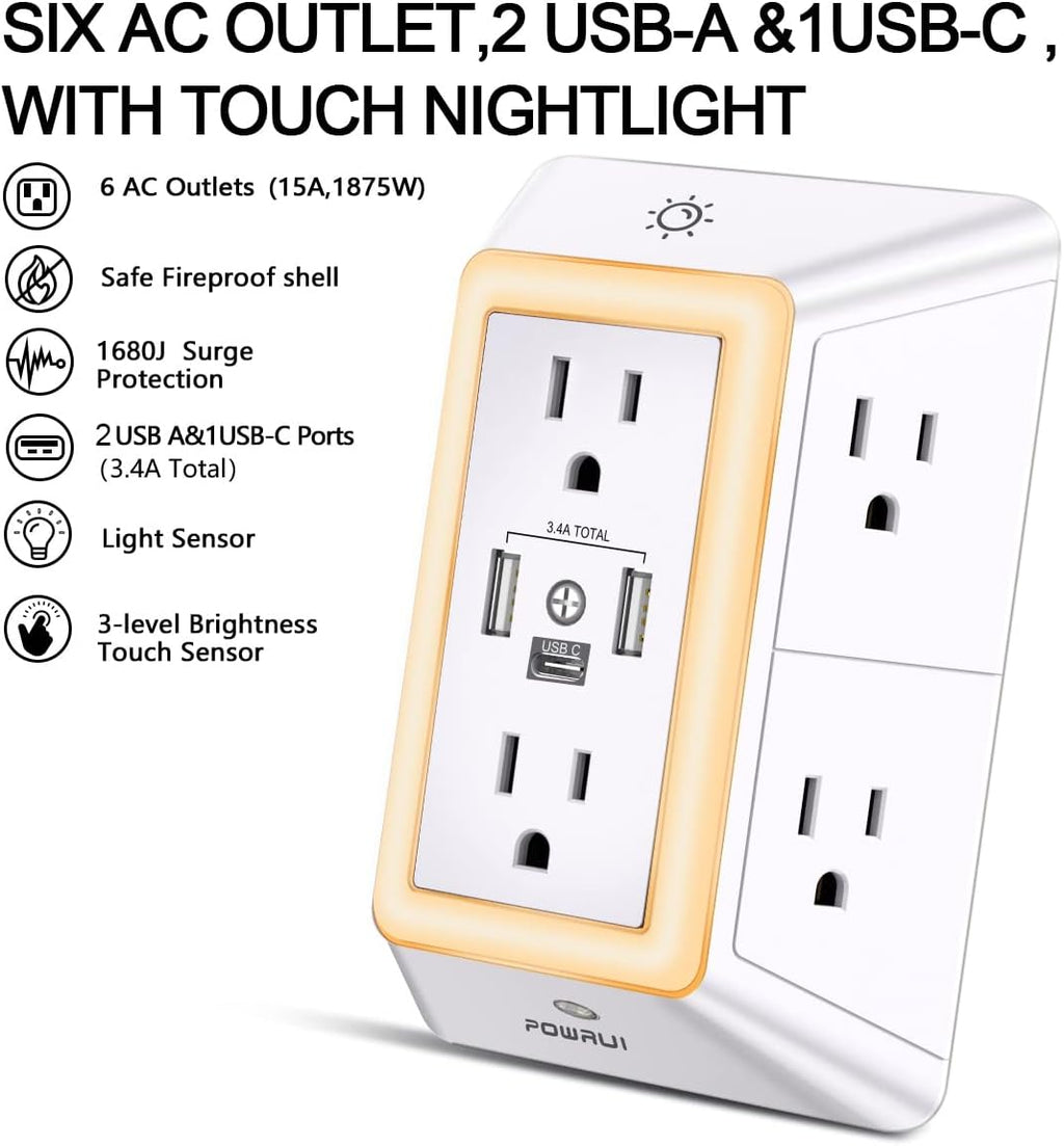 Multi Plug Wall Outlet Night Light, POWRUI 6 Outlet Extender & 3 USB Ports