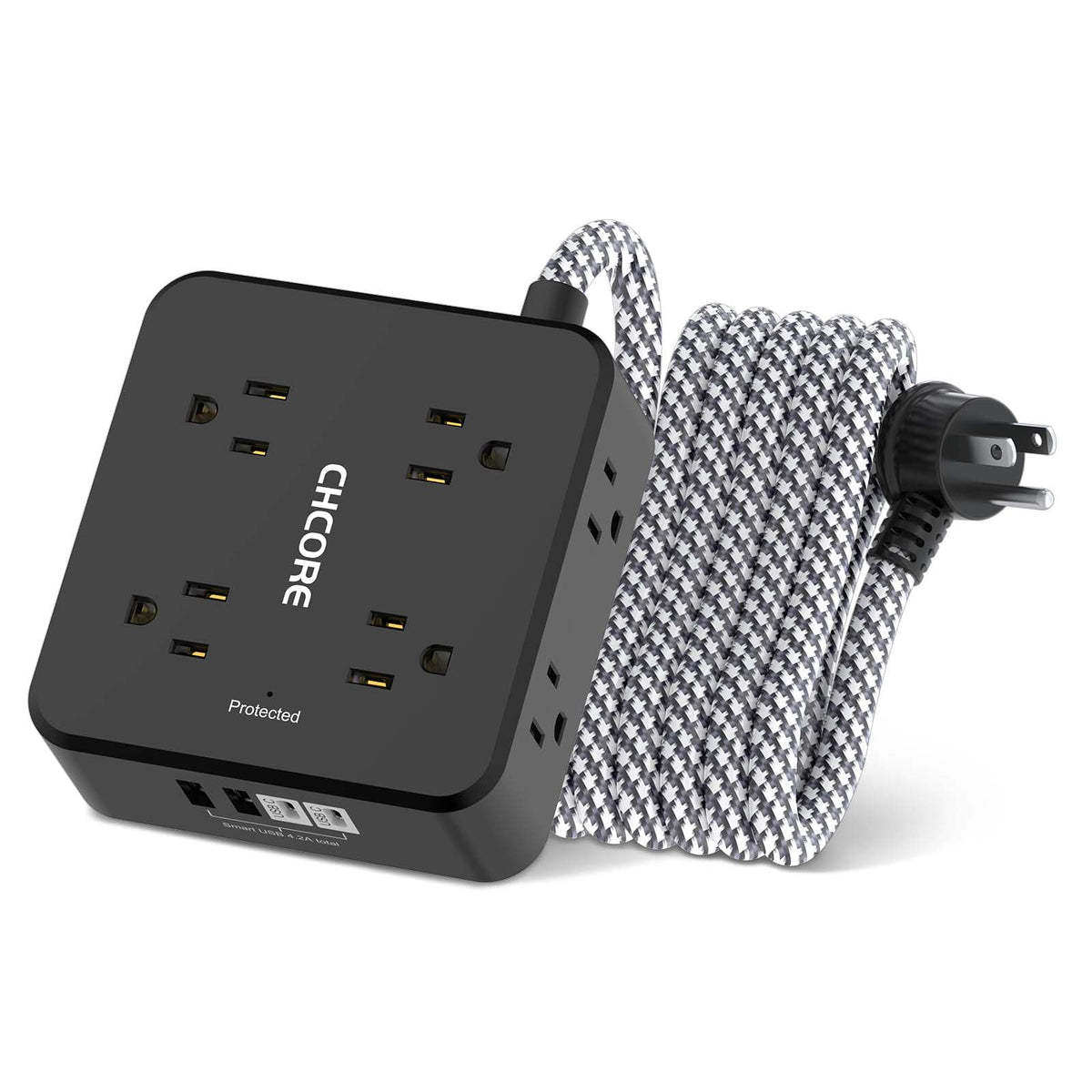 Surge Protector Power Strip - CHCORE 10 Ft Braided Extension Cord with 8 Outlets with 4 USB (2 USB C) Charging Ports, Flat Plug Multi Plug Outlet Extender Charging Station for Home Office, ETL, White